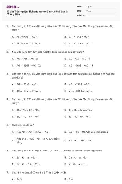13 câu Trắc nghiệm Tích của vectơ với một số có đáp án (Thông hiểu)