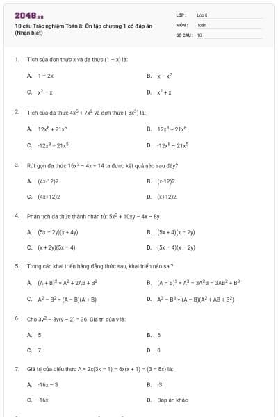 10 câu Trắc nghiệm Toán 8: Ôn tập chương 1 có đáp án (Nhận biết)