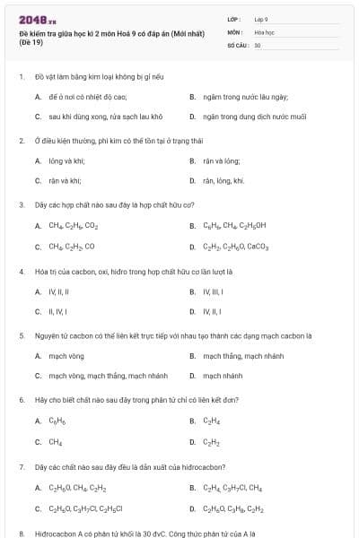 Đề kiểm tra giữa học kì 2 môn Hoá 9 có đáp án (Mới nhất) (Đề 19)