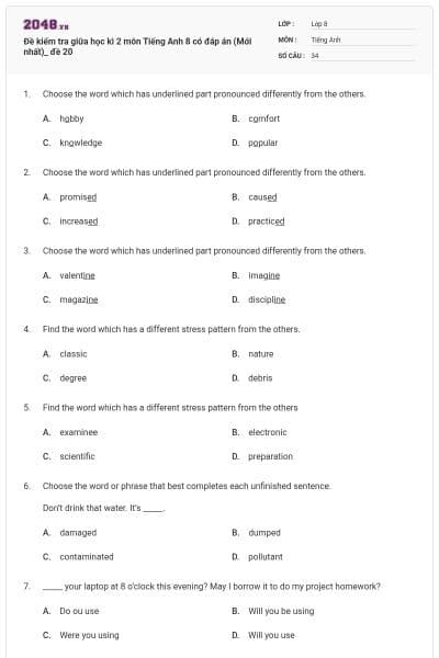 Đề kiểm tra giữa học kì 2 môn Tiếng Anh 8 có đáp án (Mới nhất)_ đề 20