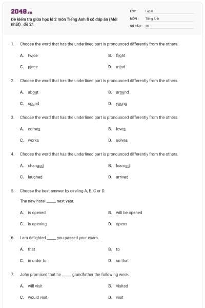 Đề kiểm tra giữa học kì 2 môn Tiếng Anh 8 có đáp án (Mới nhất)_ đề 21