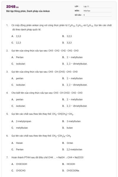 Bài tập Đồng phân, Danh pháp của Ankan