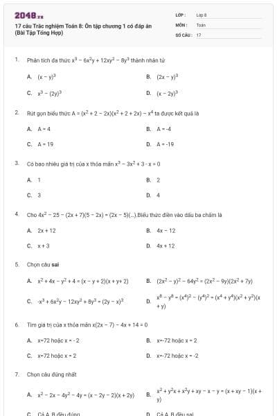 17 câu Trắc nghiệm Toán 8: Ôn tập chương 1 có đáp án (Bài Tập Tổng Hợp)