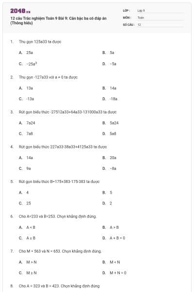 12 câu Trắc nghiệm Toán 9 Bài 9: Căn bậc ba có đáp án (Thông hiểu)