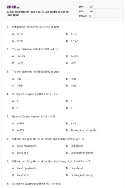 13 câu Trắc nghiệm Toán 9 Bài 9: Căn bậc ba có đáp án (Vận dụng)