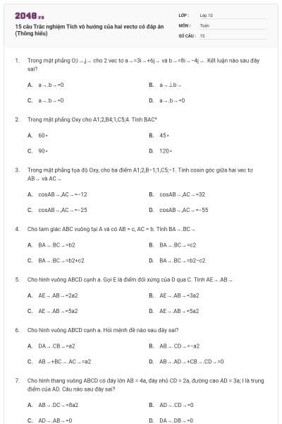 15 câu Trắc nghiệm Tích vô hướng của hai vectơ có đáp án (Thông hiểu)