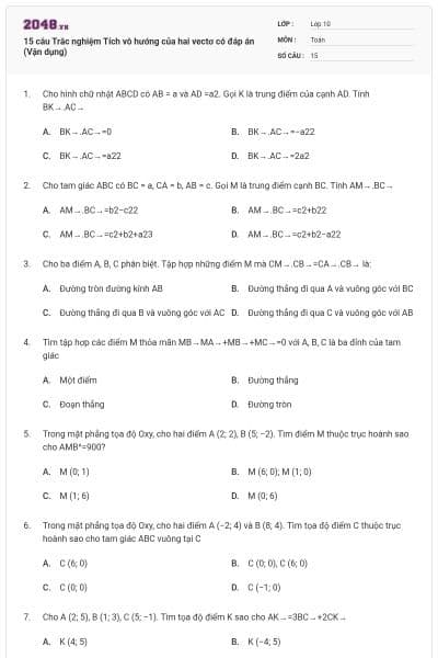 15 câu Trắc nghiệm Tích vô hướng của hai vectơ có đáp án (Vận dụng)