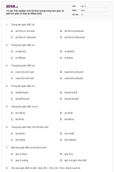 15 câu Trắc nghiệm Các hệ thức lượng trong tam giác và giải tam giác có đáp án (Nhận biết)