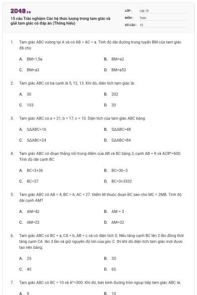 15 câu Trắc nghiệm Các hệ thức lượng trong tam giác và giải tam giác có đáp án (Thông hiểu)
