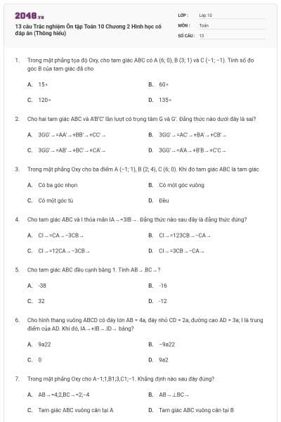 13 câu Trắc nghiệm Ôn tập Toán 10 Chương 2 Hình học có đáp án (Thông hiểu)