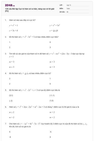 120 câu Bài tập Cực trị hàm số cơ bản, nâng cao có lời giải (P2)