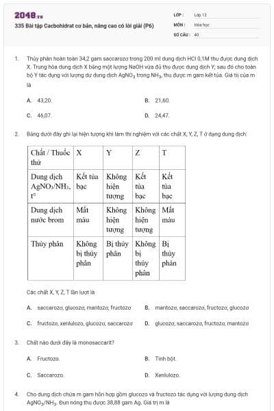 335 Bài tập Cacbohidrat cơ bản, nâng cao có lời giải (P6)