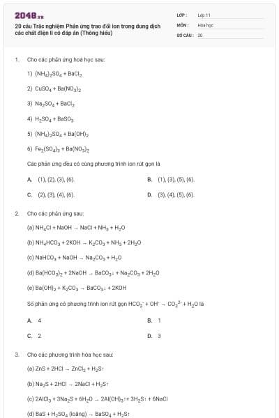 20 câu Trắc nghiệm Phản ứng trao đổi ion trong dung dịch các chất điện li có đáp án (Thông hiểu)