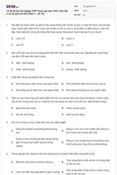 10 đề thi thử tốt nghiệp THPT Quốc gia năm 2021 môn Vật Lí có lời giải chi tiết (Phần 2 - đề 10)