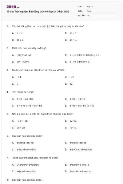 10 câu Trắc nghiệm Bất đẳng thức có đáp án (Nhận biết)