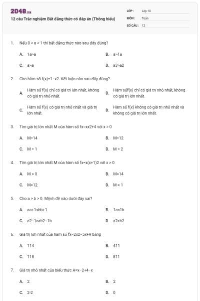 12 câu Trắc nghiệm Bất đẳng thức có đáp án (Thông hiểu)