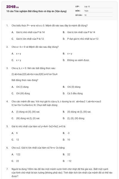 10 câu  Trắc nghiệm Bất đẳng thức có đáp án (Vận dụng)
