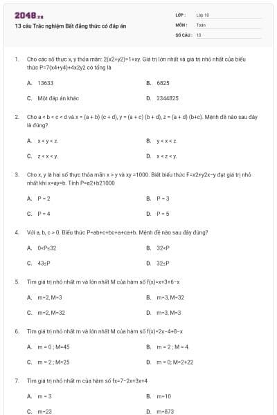13 câu Trắc nghiệm Bất đẳng thức có đáp án