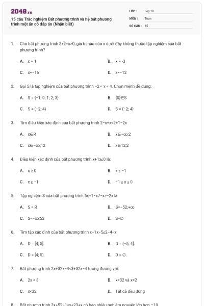 15 câu Trắc nghiệm Bất phương trình và hệ bất phương trình một ẩn có đáp án (Nhận biết)