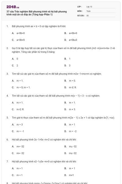 37 câu Trắc nghiệm Bất phương trình và hệ bất phương trình một ẩn có đáp án (Tổng hợp-Phần 1)