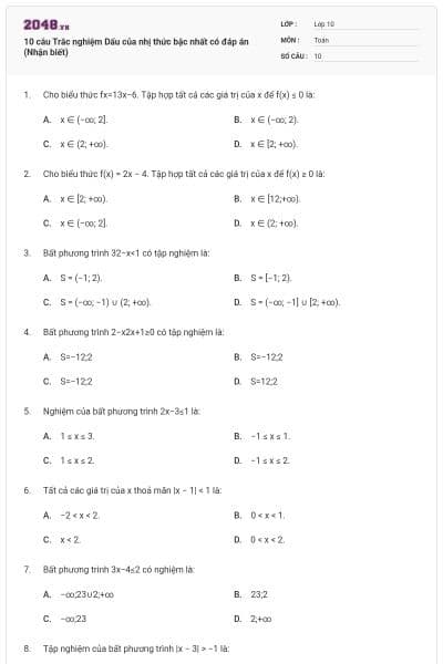 10 câu Trắc nghiệm Dấu của nhị thức bậc nhất có đáp án (Nhận biết)