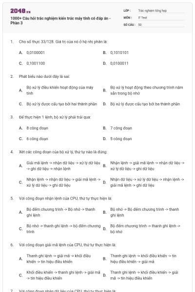 1000+ Câu hỏi trắc nghiệm kiến trúc máy tính có đáp án - Phần 3