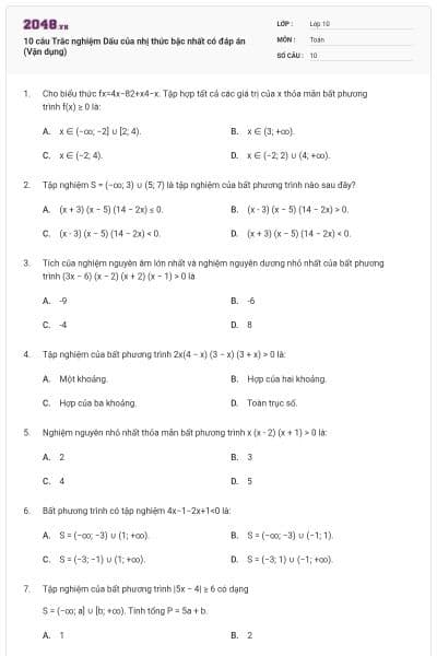 10 câu Trắc nghiệm Dấu của nhị thức bậc nhất có đáp án (Vận dụng)