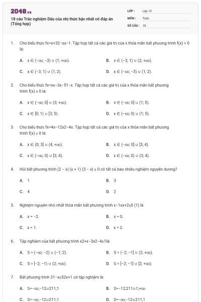 18 câu Trắc nghiệm Dấu của nhị thức bậc nhất có đáp án (Tổng hợp)