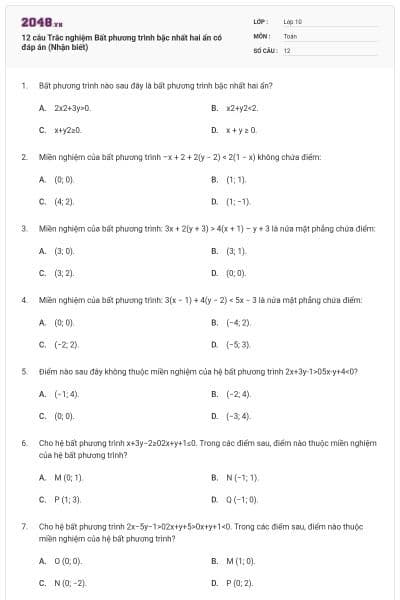 12 câu Trắc nghiệm Bất phương trình bậc nhất hai ẩn có đáp án (Nhận biết)