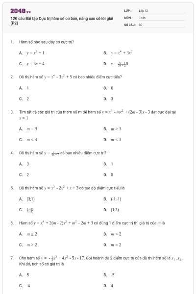 120 câu Bài tập Cực trị hàm số cơ bản, nâng cao có lời giải (P2)