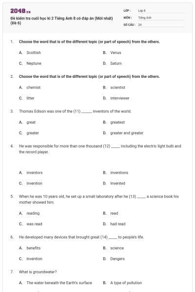Đề kiểm tra cuối học kì 2 Tiếng Anh 8 có đáp án (Mới nhất) (Đề 6)