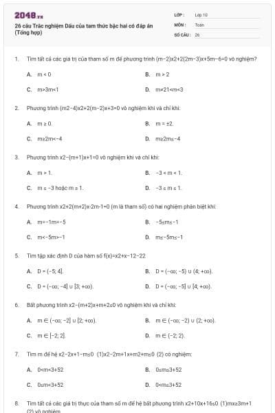 26 câu Trắc nghiệm Dấu của tam thức bậc hai có đáp án (Tổng hợp)