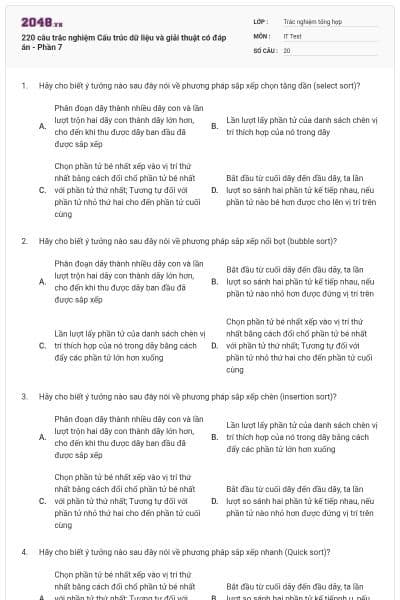 220 câu trắc nghiệm Cấu trúc dữ liệu và giải thuật có đáp án - Phần 7