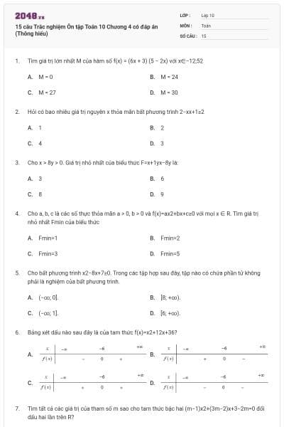 15 câu Trắc nghiệm Ôn tập Toán 10 Chương 4 có đáp án (Thông hiểu)