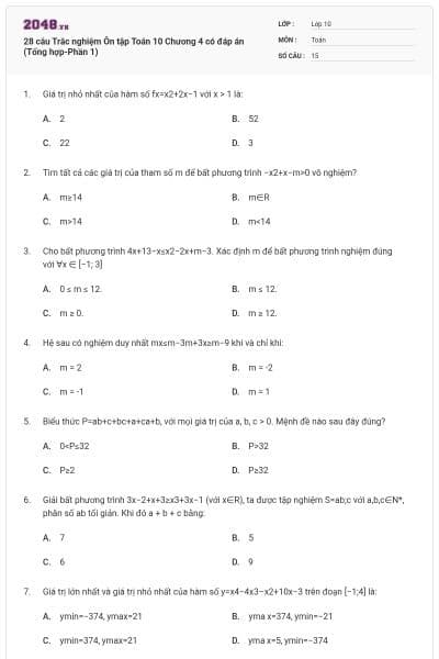 28 câu Trắc nghiệm Ôn tập Toán 10 Chương 4 có đáp án (Tổng hợp-Phần 1)