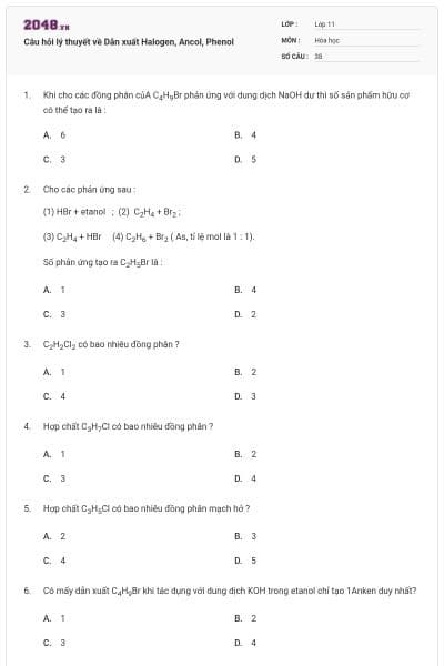 Câu hỏi lý thuyết về Dẫn xuất Halogen, Ancol, Phenol