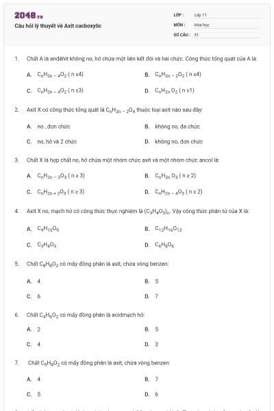 Câu hỏi lý thuyết về Axit cacboxylic