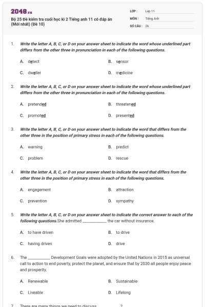 Bộ 25  Đề kiểm tra cuối học kì 2 Tiếng anh 11 có đáp án (Mới nhất) (Đề 10)