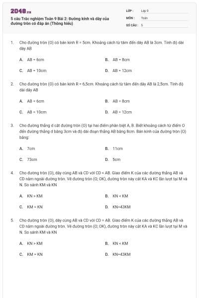 5 câu Trắc nghiệm Toán 9 Bài 2: Đường kính và dây của đường tròn có đáp án (Thông hiểu)