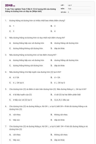 9 câu Trắc nghiệm Toán 9 Bài 4: Vị trí tương đối của đường thẳng và đường tròn có đáp án (Nhận biết)