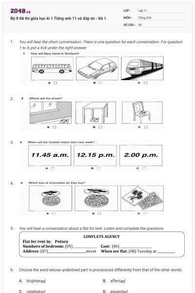 Bộ 8 Đề thi giữa học kì 1 Tiếng anh 11 có đáp án - Đề 1