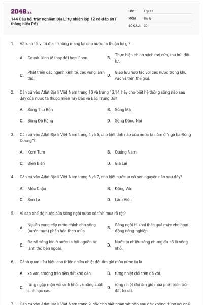 144 Câu hỏi trắc nghiệm Địa Lí tự nhiên lớp 12 có đáp án ( thông hiểu P6)