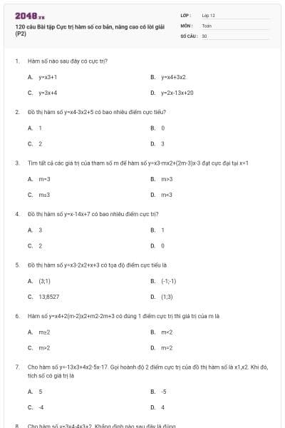 120 câu Bài tập Cực trị hàm số cơ bản, nâng cao có lời giải (P2)