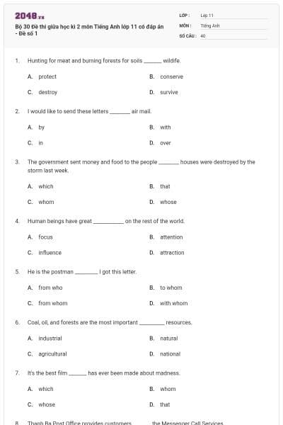 Bộ 30  Đề thi giữa học kì 2 môn Tiếng Anh lớp 11 có đáp án - Đề số 1