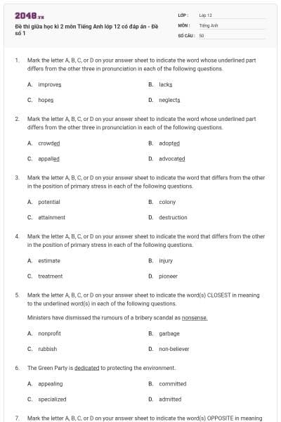 Đề thi giữa học kì 2 môn Tiếng Anh lớp 12 có đáp án - Đề số 1