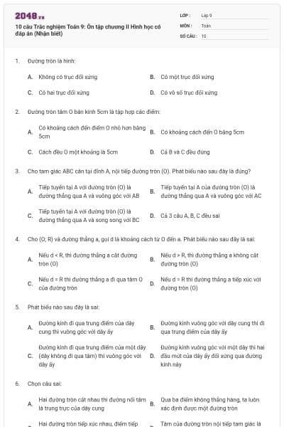 10 câu Trắc nghiệm Toán 9: Ôn tập chương II Hình học có đáp án (Nhận biết)