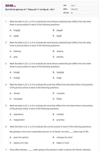 Bộ 8 Đề thi giữa học kì 1 Tiếng anh 11 có đáp án - Đề 3