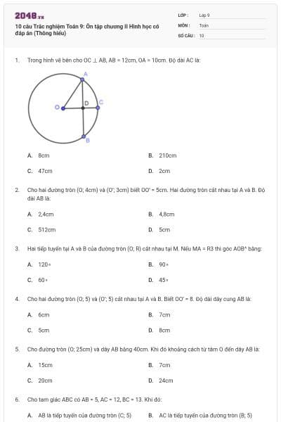 10 câu Trắc nghiệm Toán 9: Ôn tập chương II Hình học có đáp án (Thông hiểu)