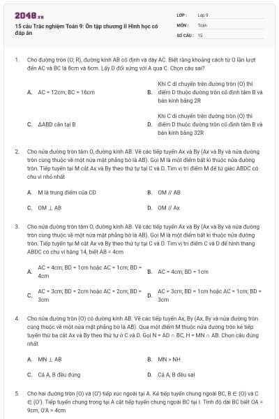 15 câu Trắc nghiệm Toán 9: Ôn tập chương II Hình học có đáp án