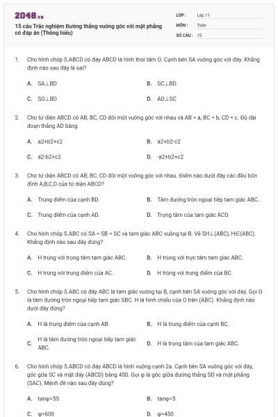 15 câu Trắc nghiệm Đường thẳng vuông góc với mặt phẳng có đáp án (Thông hiểu)